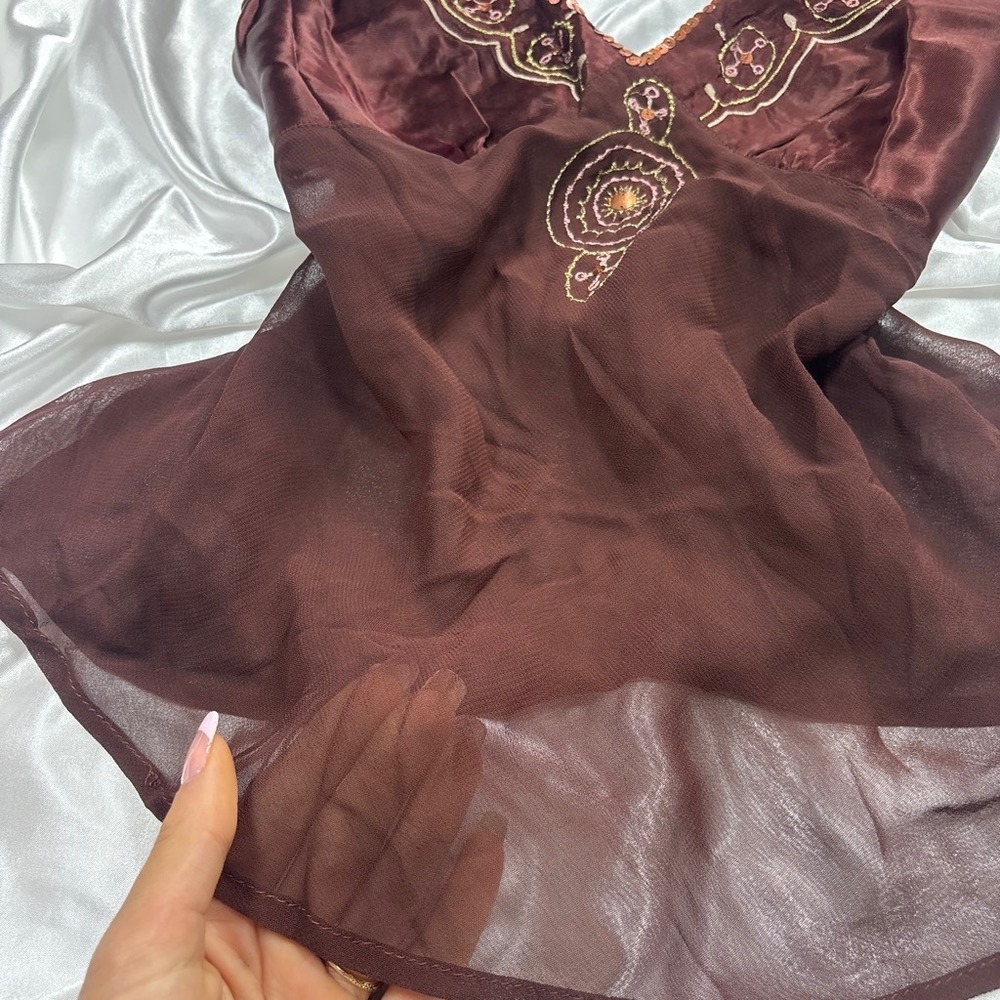 y2k Angie Cami Top Brown Sheer Sequin Embroidered Boho Medallion M - Picture 3 of 6